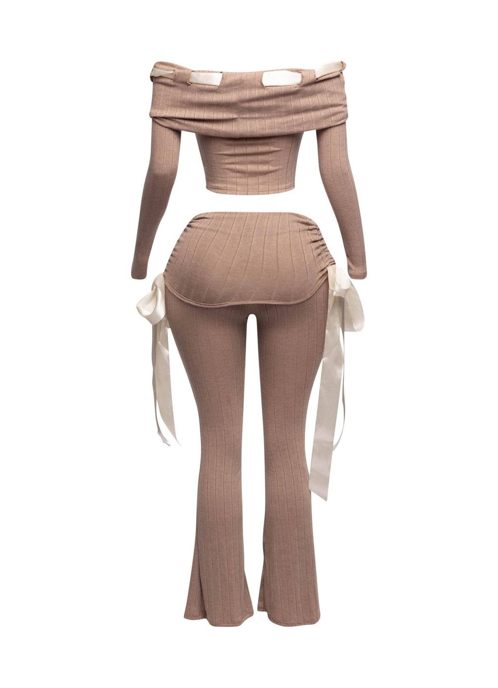 Petite It's A Wrap Pant Set With Off-Shoulder Top, Ribbon Trim, And Wide Leg Style - Unique 2-Piece Outfit