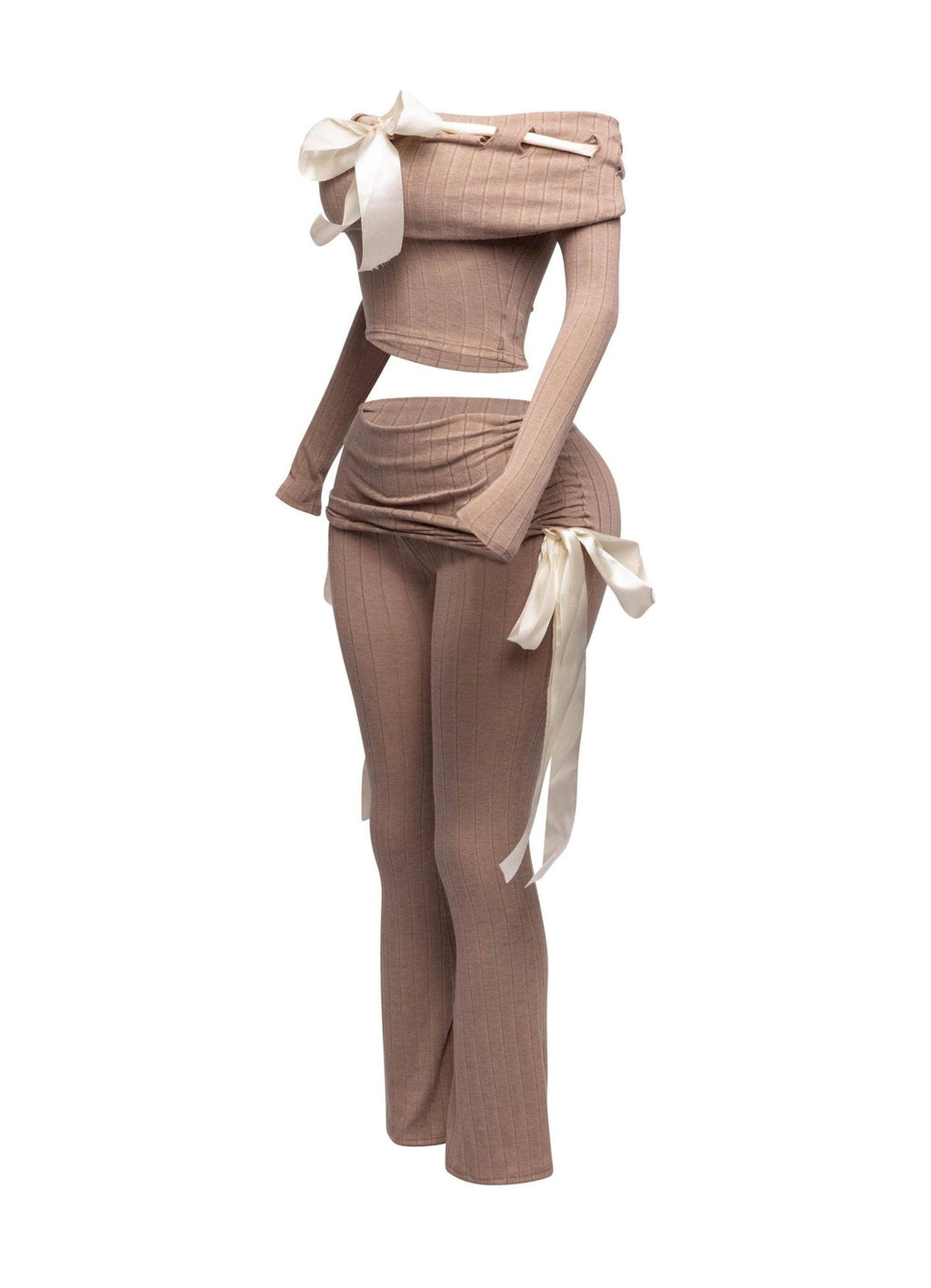 Petite It's A Wrap Pant Set With Off-Shoulder Top, Ribbon Trim, And Wide Leg Style - Unique 2-Piece Outfit