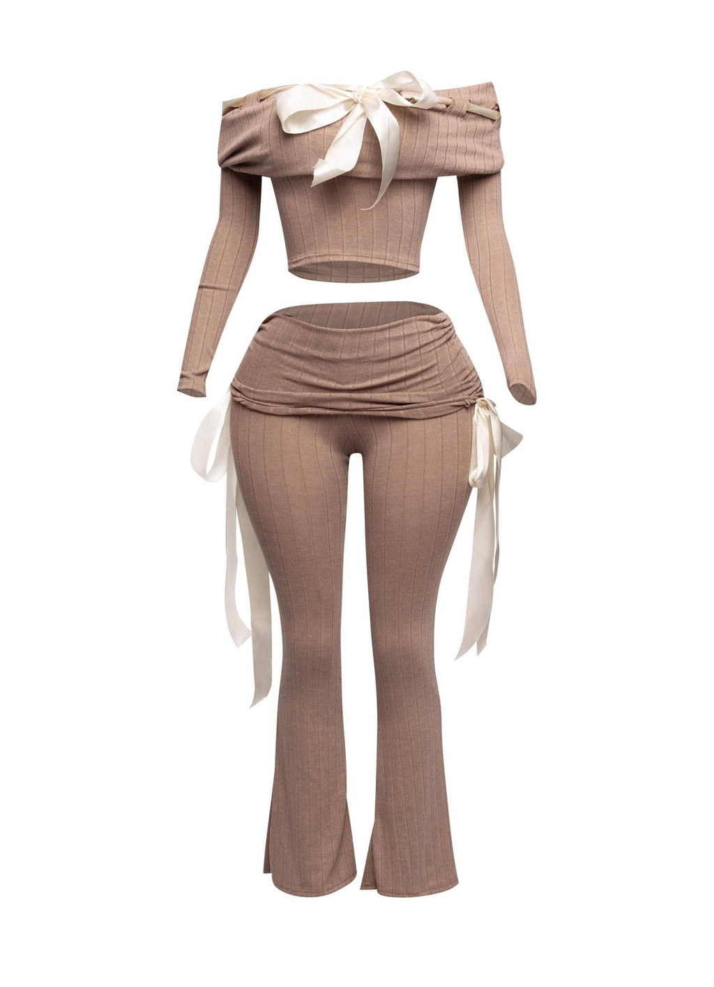 Petite It's A Wrap Pant Set With Off-Shoulder Top, Ribbon Trim, And Wide Leg Style - Unique 2-Piece Outfit