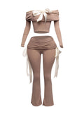 Petite It's A Wrap Pant Set With Off-Shoulder Top, Ribbon Trim, And Wide Leg Style - Unique 2-Piece Outfit