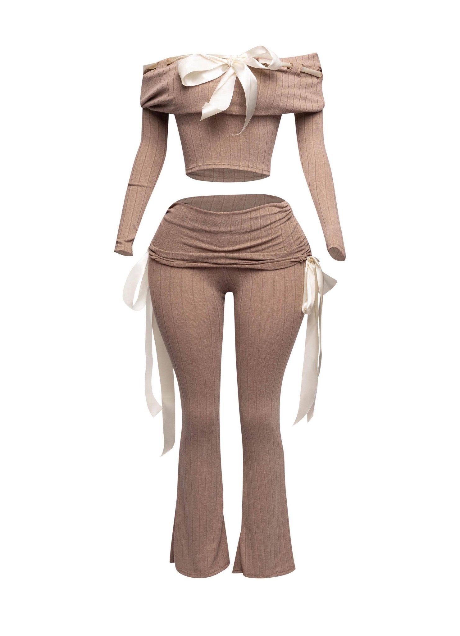 Petite It's A Wrap Pant Set With Off-Shoulder Top, Ribbon Trim, And Wide Leg Style - Unique 2-Piece Outfit