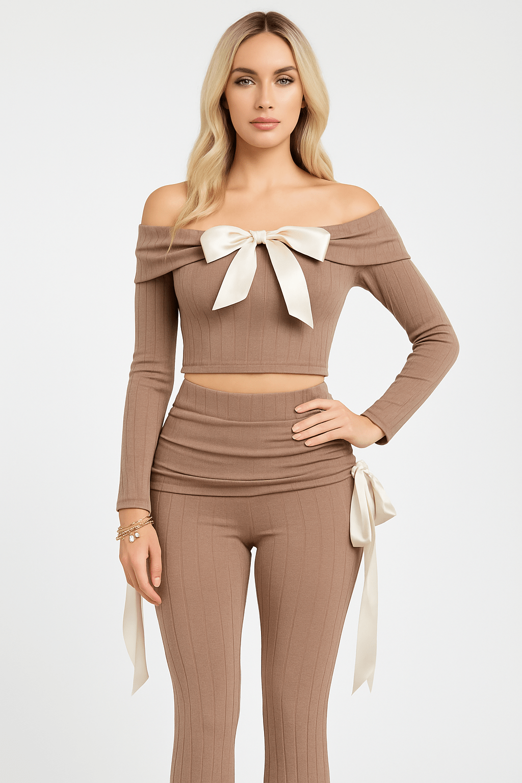Petite It's A Wrap Pant Set With Off-Shoulder Top, Ribbon Trim, And Wide Leg Style - Unique 2-Piece Outfit