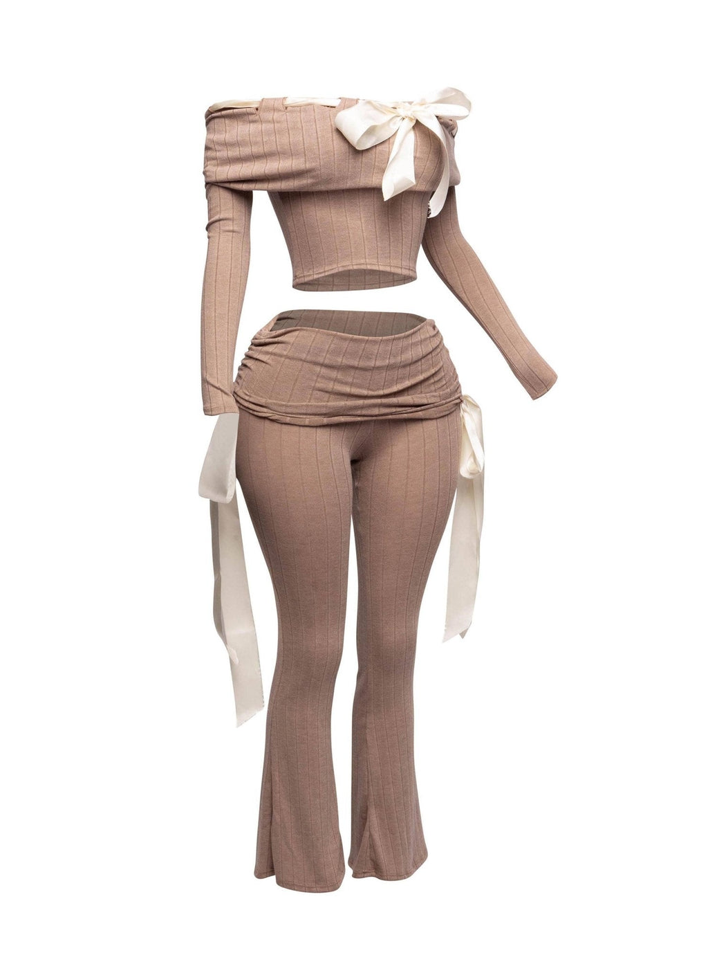 Petite It's A Wrap Pant Set With Off-Shoulder Top, Ribbon Trim, And Wide Leg Style - Unique 2-Piece Outfit