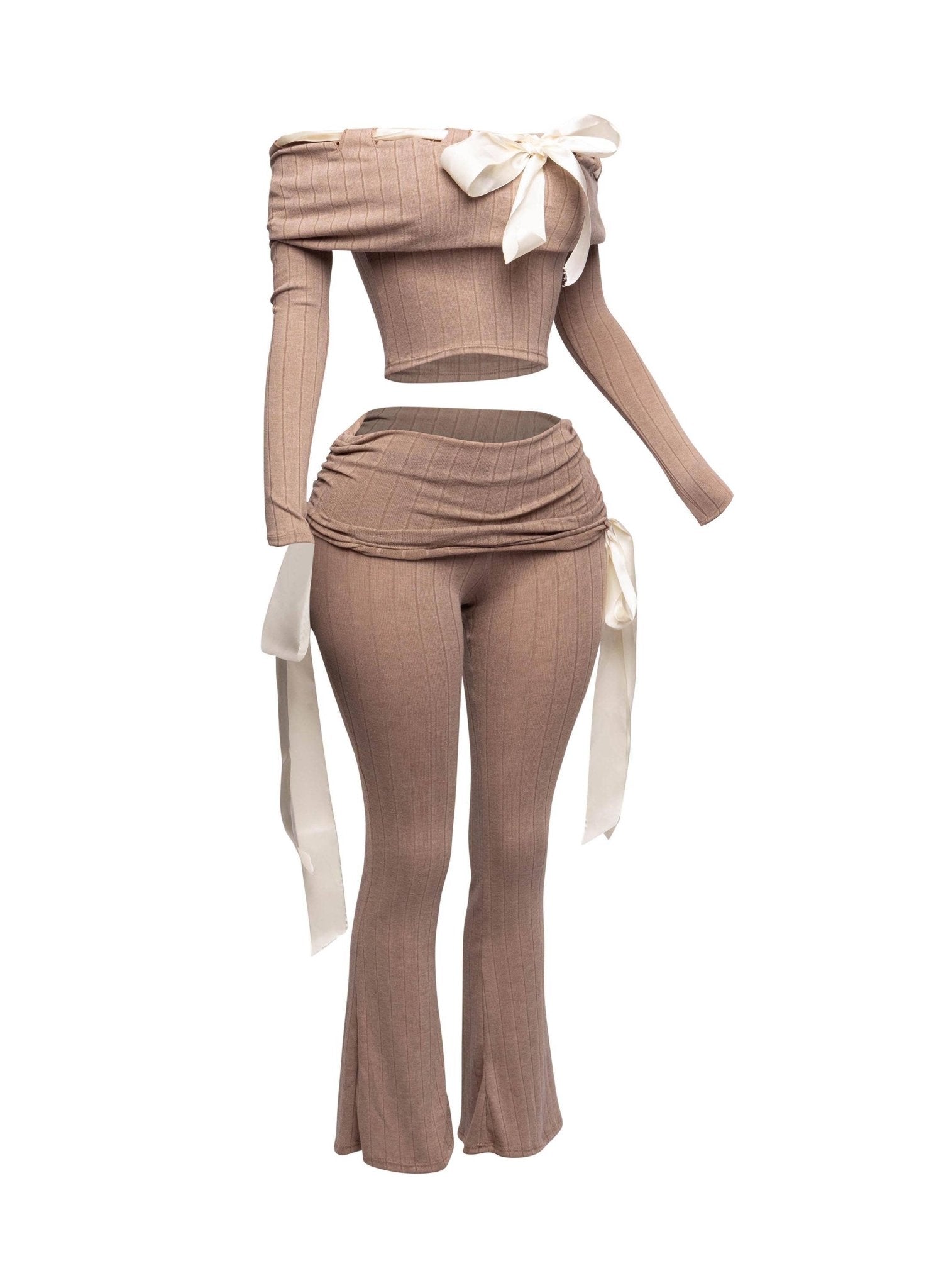 Petite It's A Wrap Pant Set With Off-Shoulder Top, Ribbon Trim, And Wide Leg Style - Unique 2-Piece Outfit