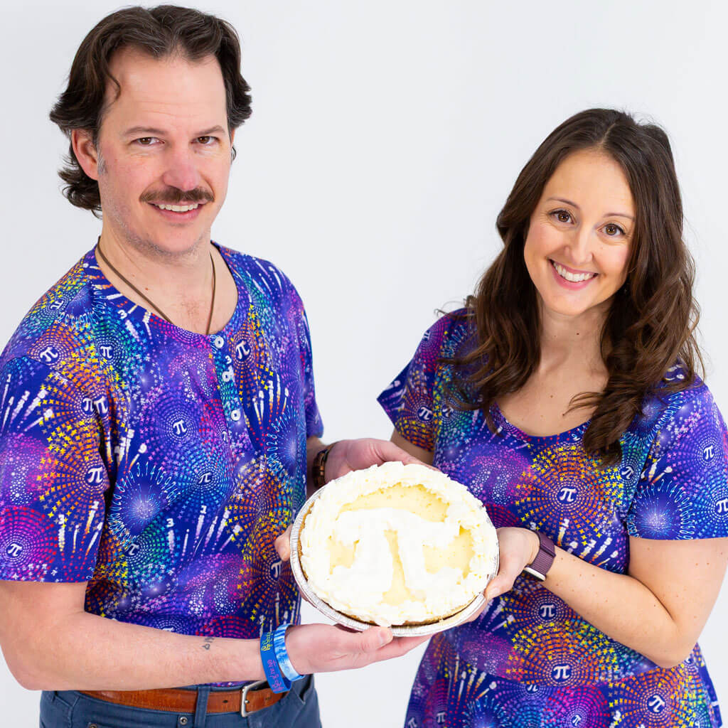 Princess Awesome & Boy Wonder Adult "Pi-rotechnics" Pi Fireworks Henley Short Sleeve Tee — Princess Awesome & Boy Wonder branding close-up
