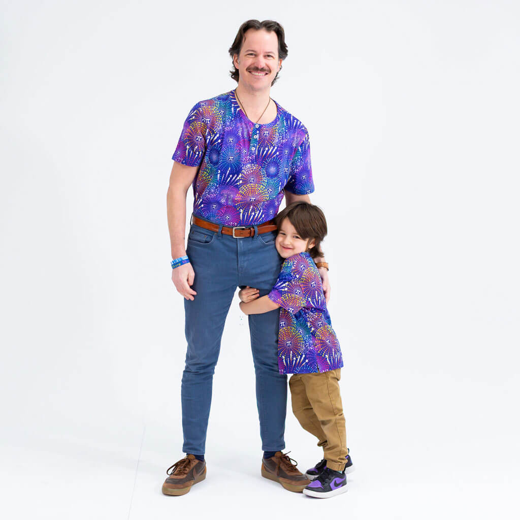 Princess Awesome & Boy Wonder Adult "Pi-rotechnics" Pi Fireworks Henley Short Sleeve Tee — lifestyle worn / used context
