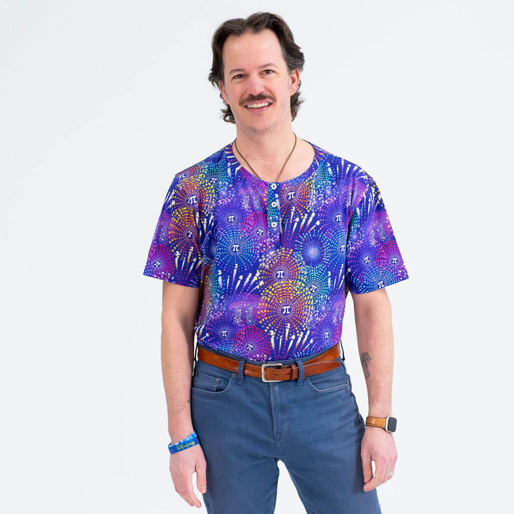Princess Awesome & Boy Wonder Adult "Pi-rotechnics" Pi Fireworks Henley Short Sleeve Tee — adult shirts category context