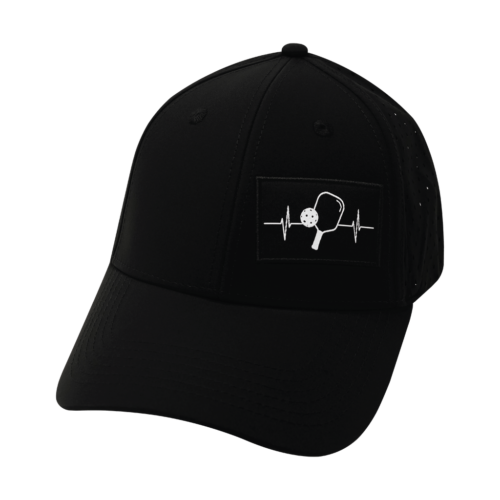 The Heartbeat Brand Pickleball Hat - Low Profile - Ponytail - Black - Laser Mesh — The Heartbeat Brand branding close-up