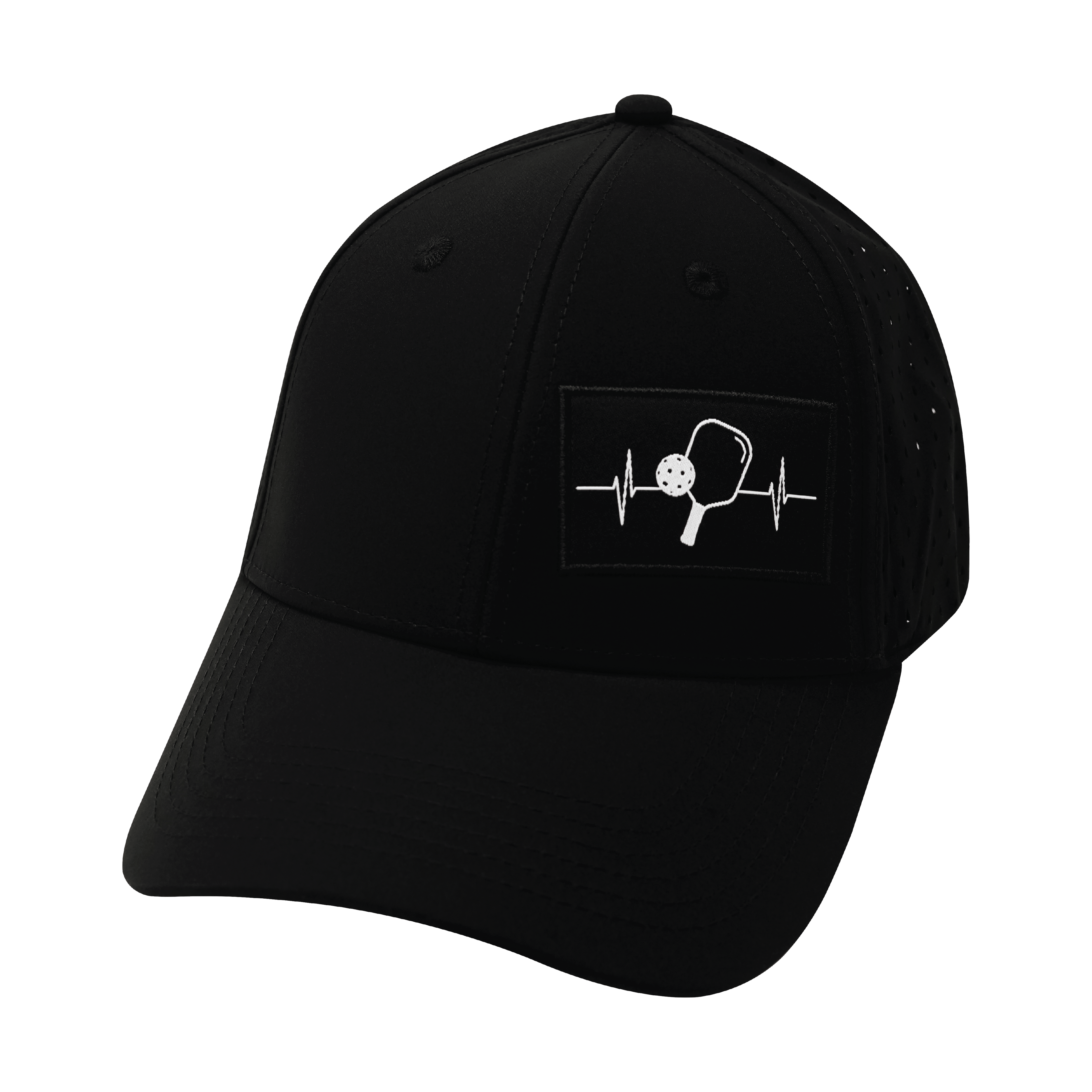 The Heartbeat Brand Pickleball Hat - Low Profile - Ponytail - Black - Laser Mesh — The Heartbeat Brand branding close-up