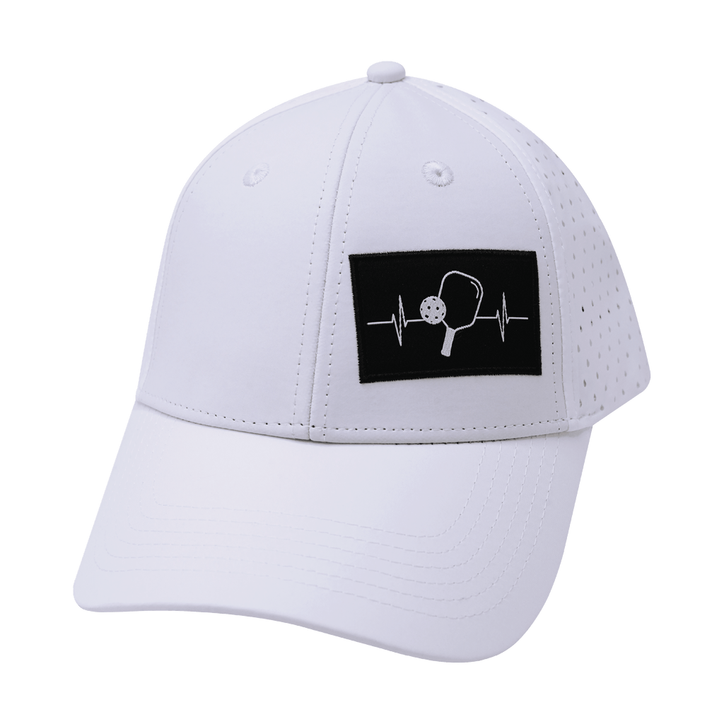 The Heartbeat Brand Pickleball Hat - Low Profile - Ponytail - White - Laser Mesh — The Heartbeat Brand branding close-up