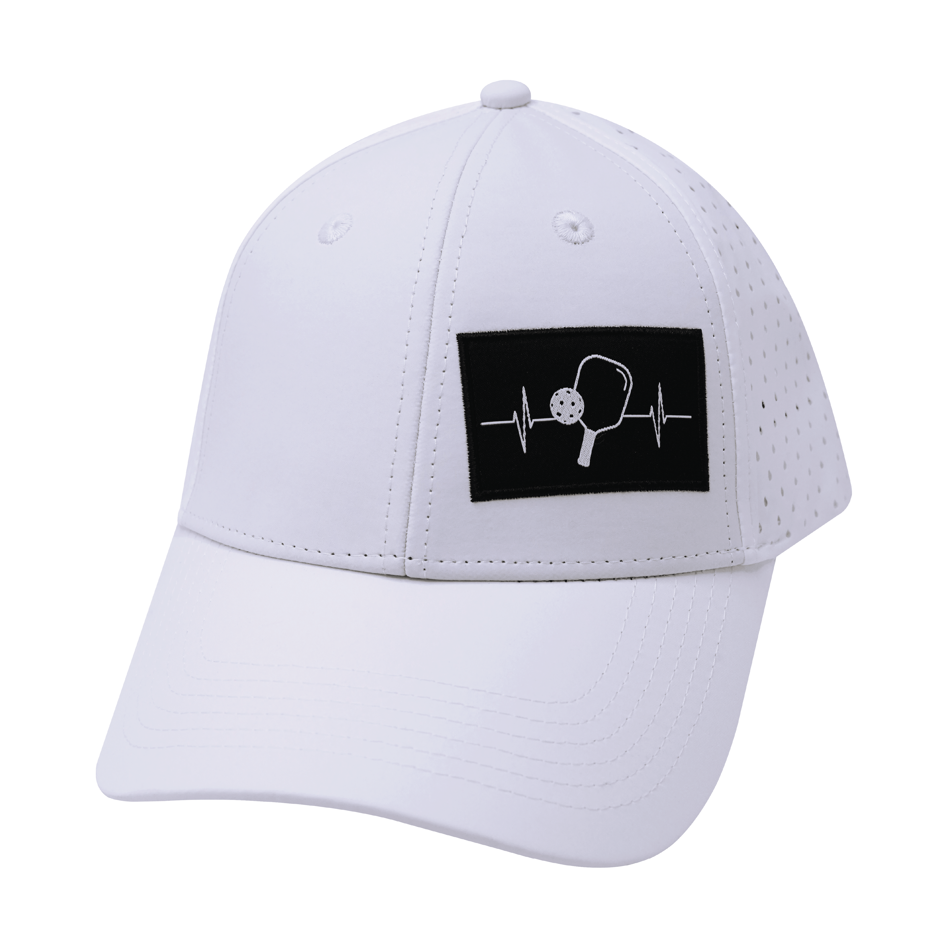 The Heartbeat Brand Pickleball Hat - Low Profile - Ponytail - White - Laser Mesh — The Heartbeat Brand branding close-up