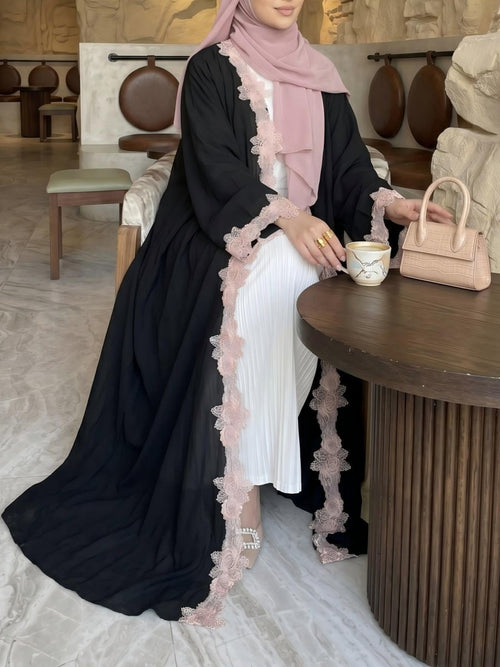 Pink Floral Lace-Trim Open Abaya(MOA333)