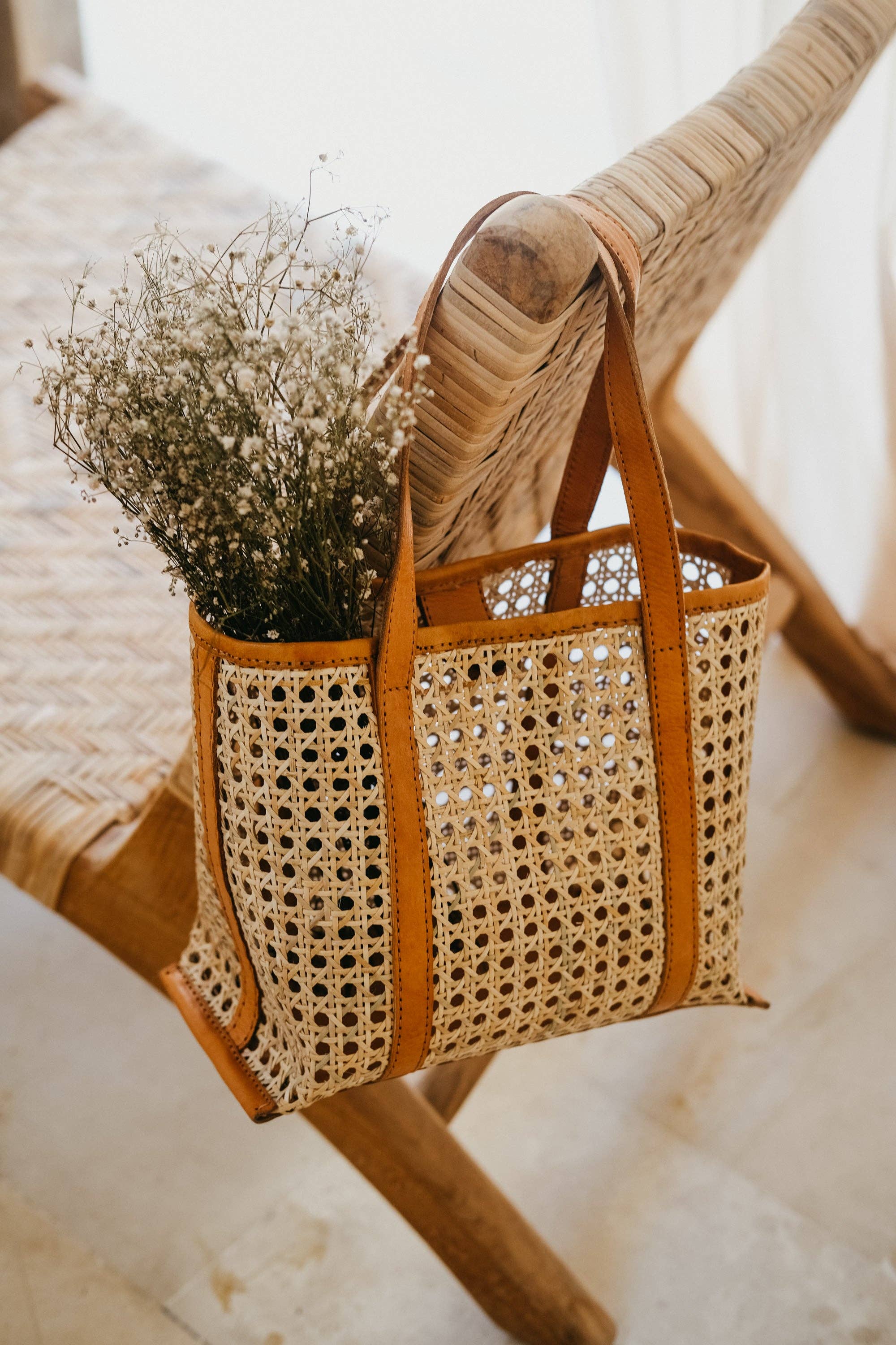 WONENA Pink Haley Magnolia Handmade Cane Woven and Leather Tote — main product shot