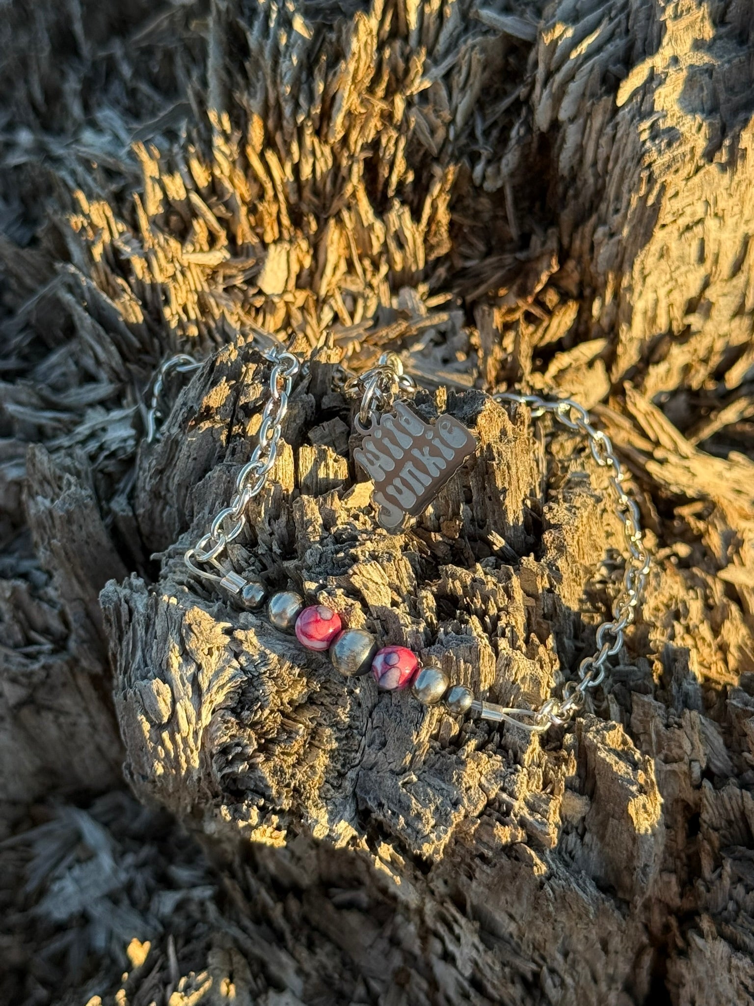 Wild Junkie Pink Mosaic Beaded Chain Bracelet — detail close-up