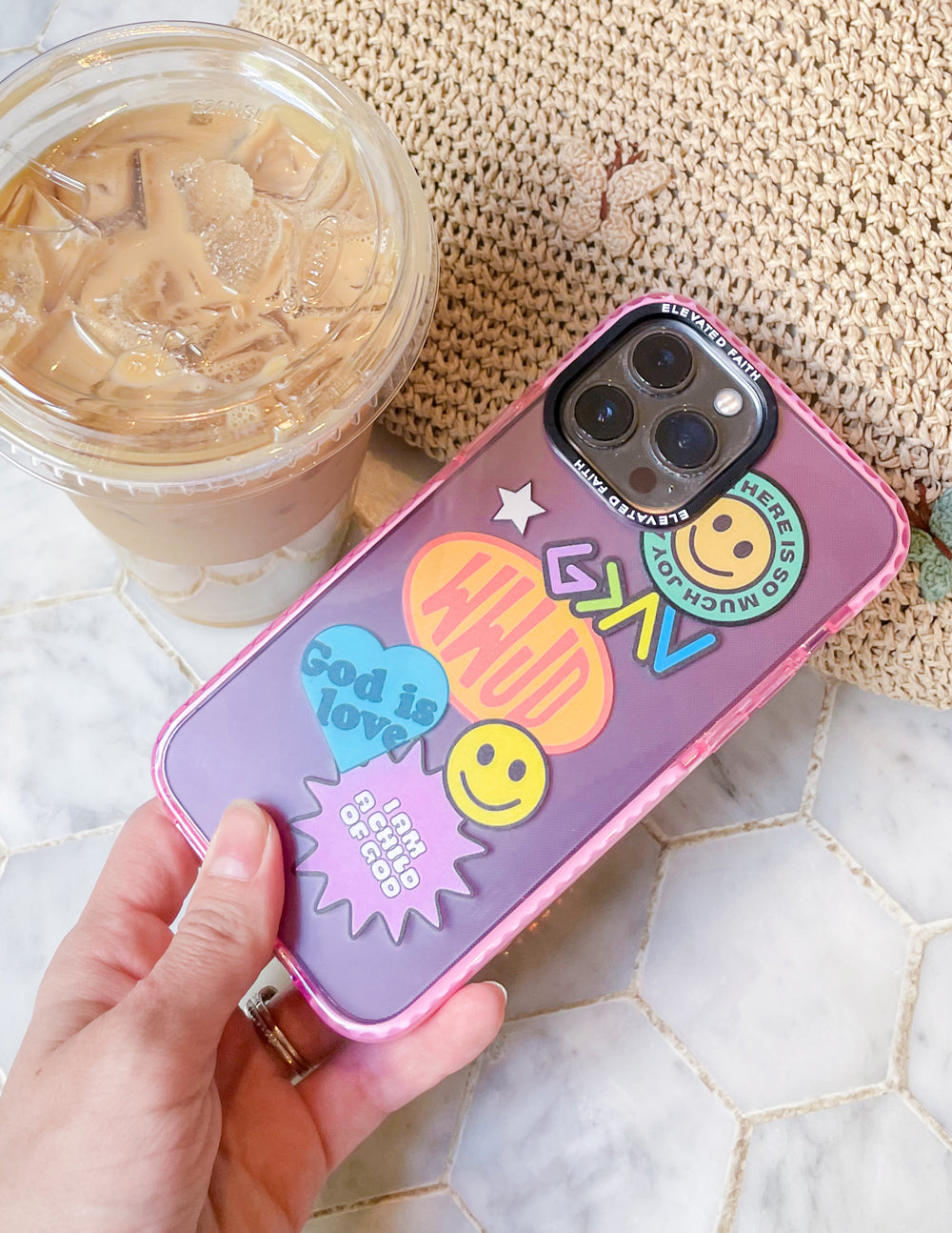 Elevated Faith Pink Sticker Collage Phone Case — lifestyle context
