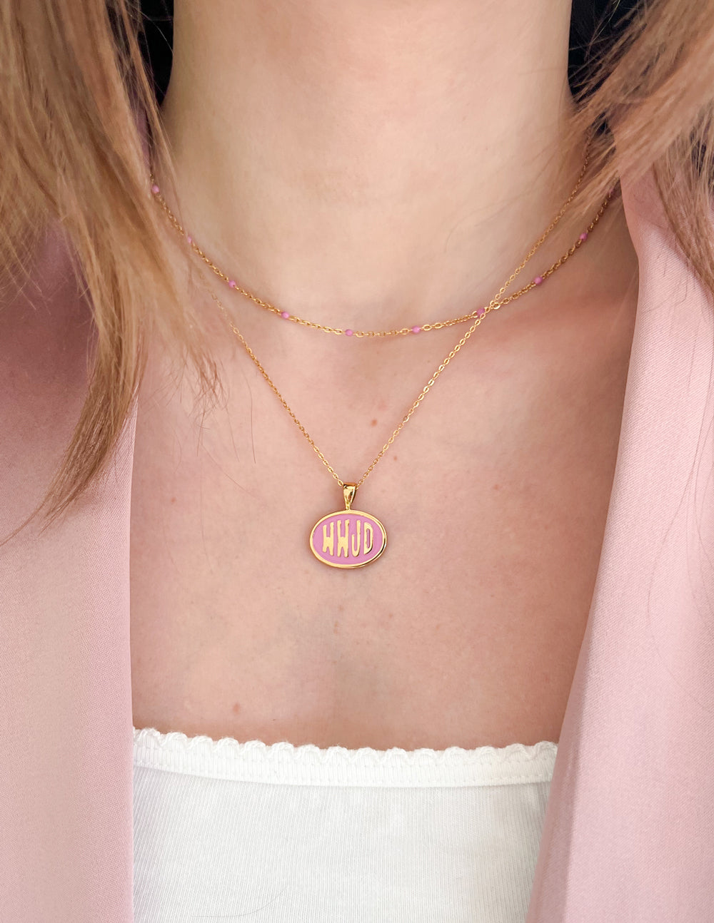 Elevated Faith Pink WWJD Necklace Set — detail close-up