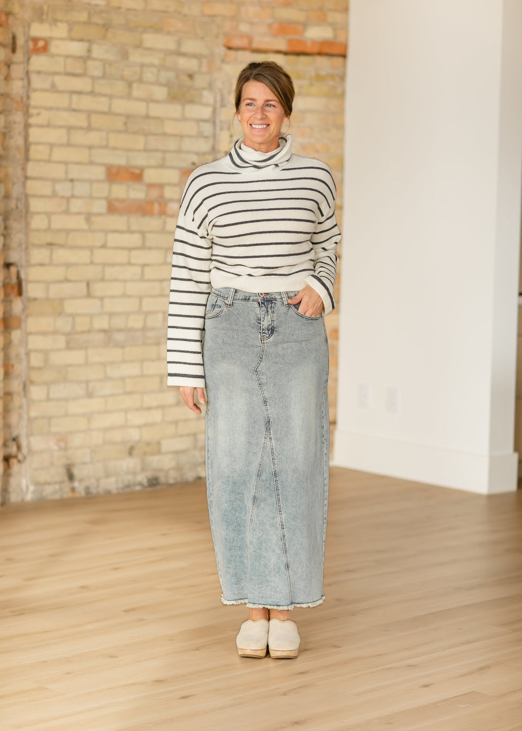 Inherit Co. Piper A-line Long Denim Maxi Skirt - FINAL SALE — flat-lay composition