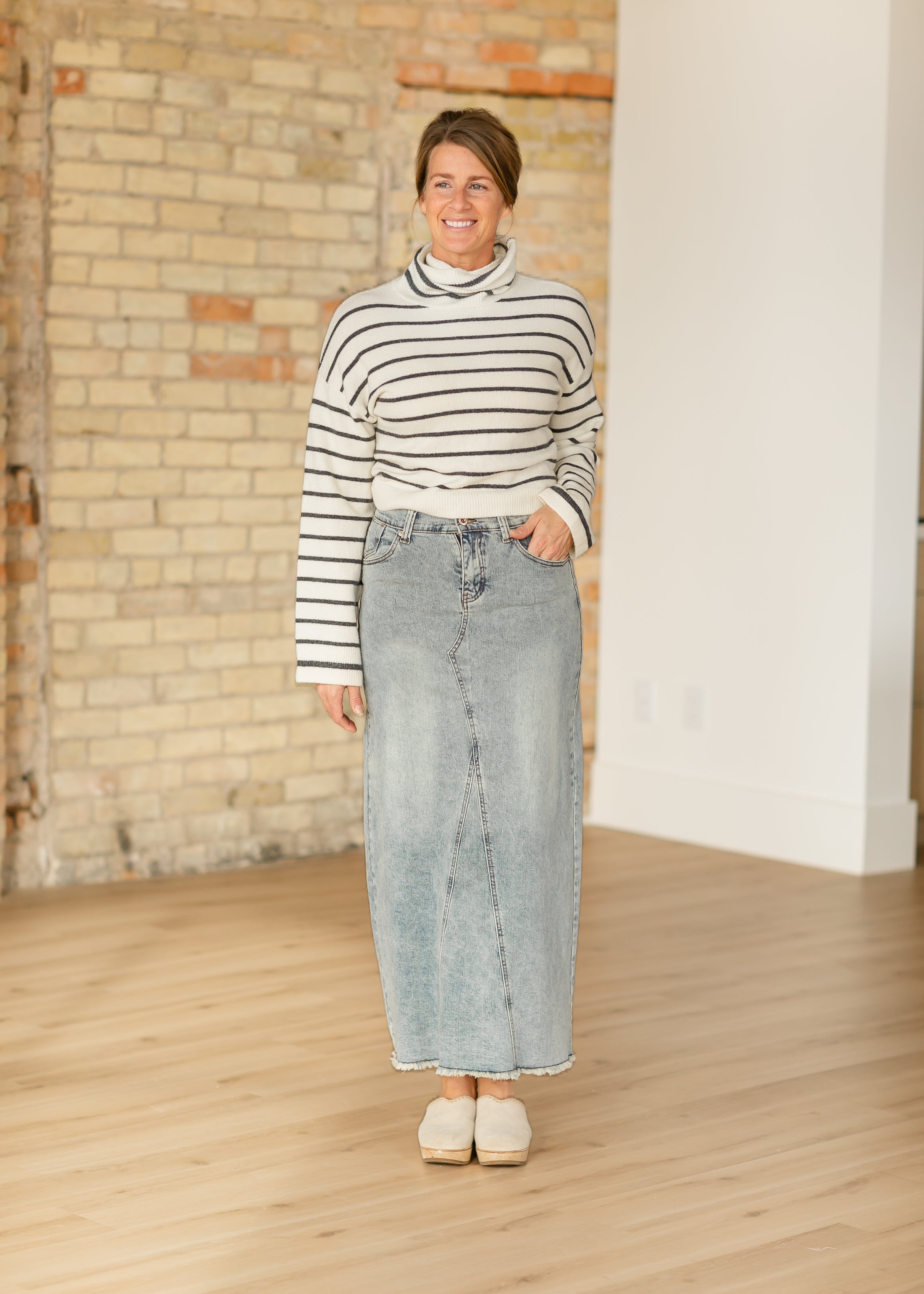 Inherit Co. Piper A-line Long Denim Maxi Skirt - FINAL SALE — flat-lay composition