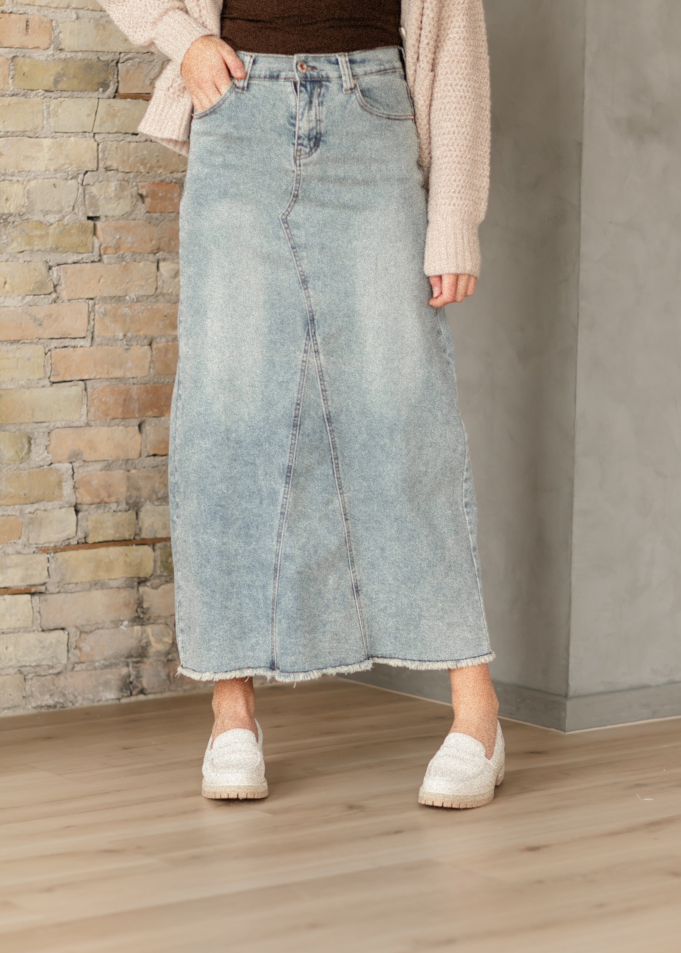 Inherit Co. Piper A-line Long Denim Maxi Skirt - FINAL SALE — product on model