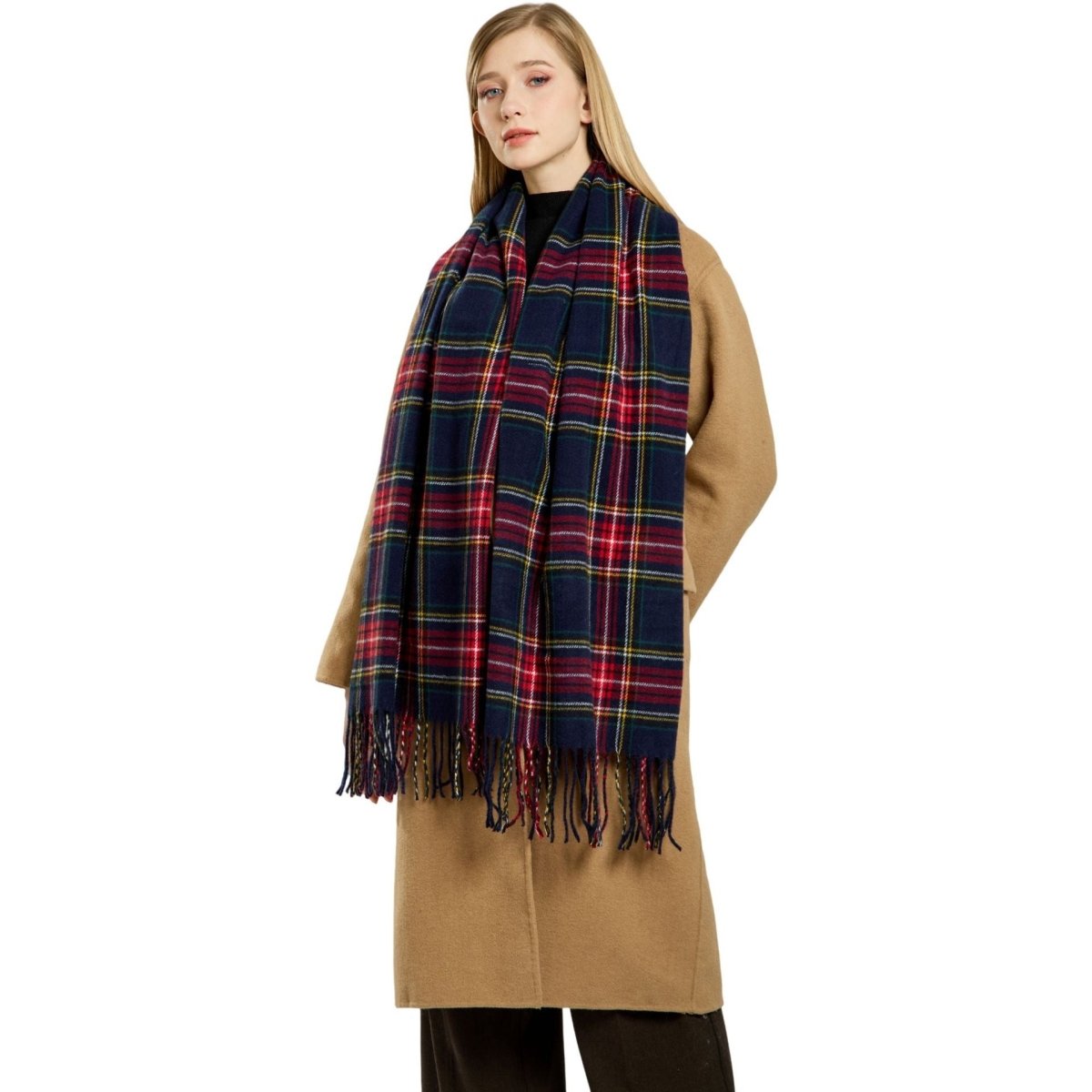 Mariam's Collection Plaid Fringe Scarf Faux Wool Warm Winter Fashion Accessory (MAC332) — Mariam's Collection branding close-up