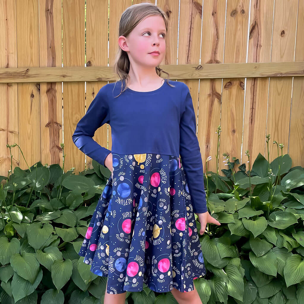 Princess Awesome & Boy Wonder "Night Lights" Planets and Moons Super Twirler Dress with Pockets — lifestyle worn / used context