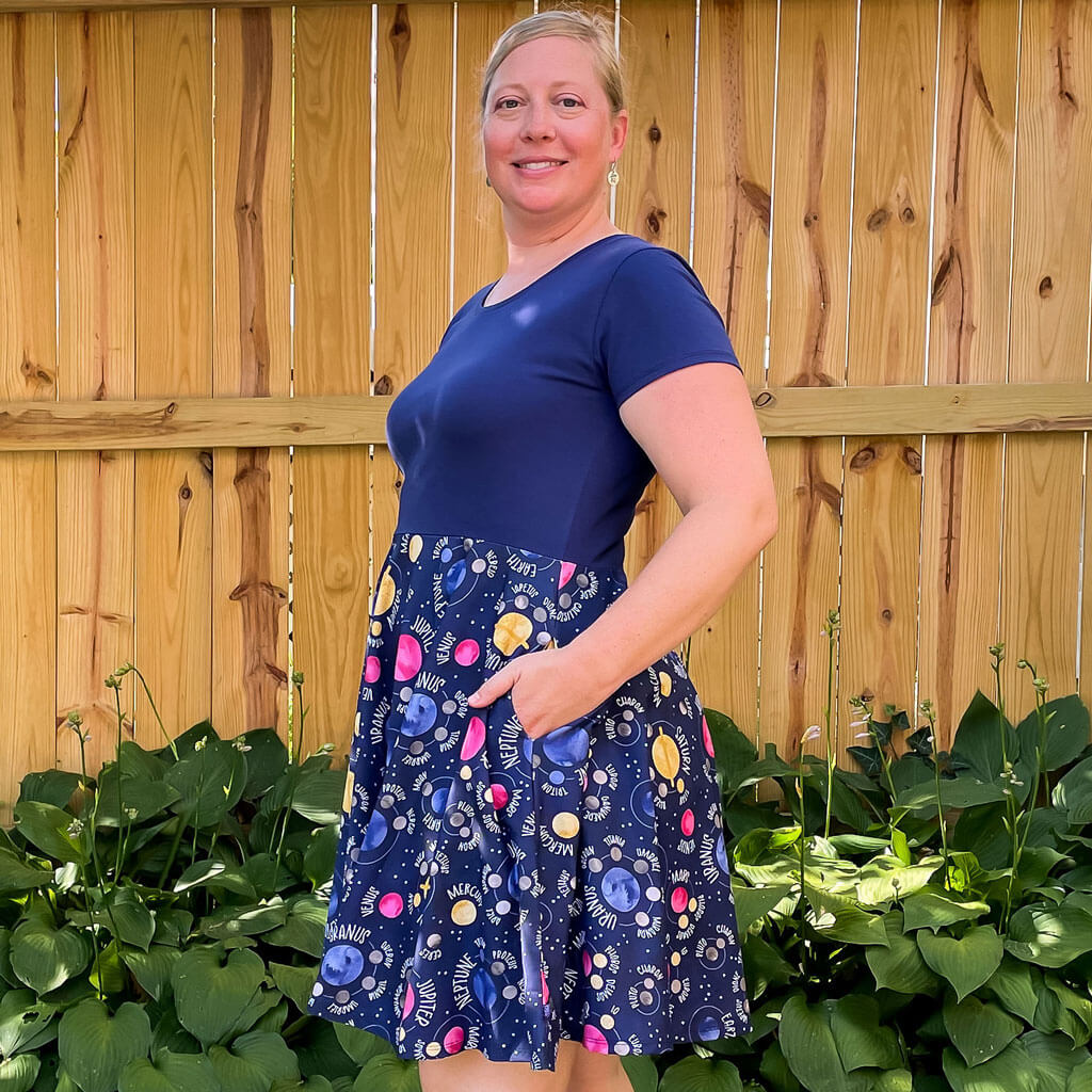 Princess Awesome & Boy Wonder Adult "Night Lights" Planets and Moons Super Twirler Dress with Pockets — main product shot