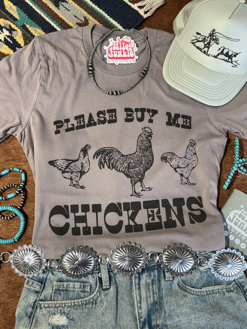 Wild Junkie Please Buy Me Chickens Graphic Tee — detail close-up