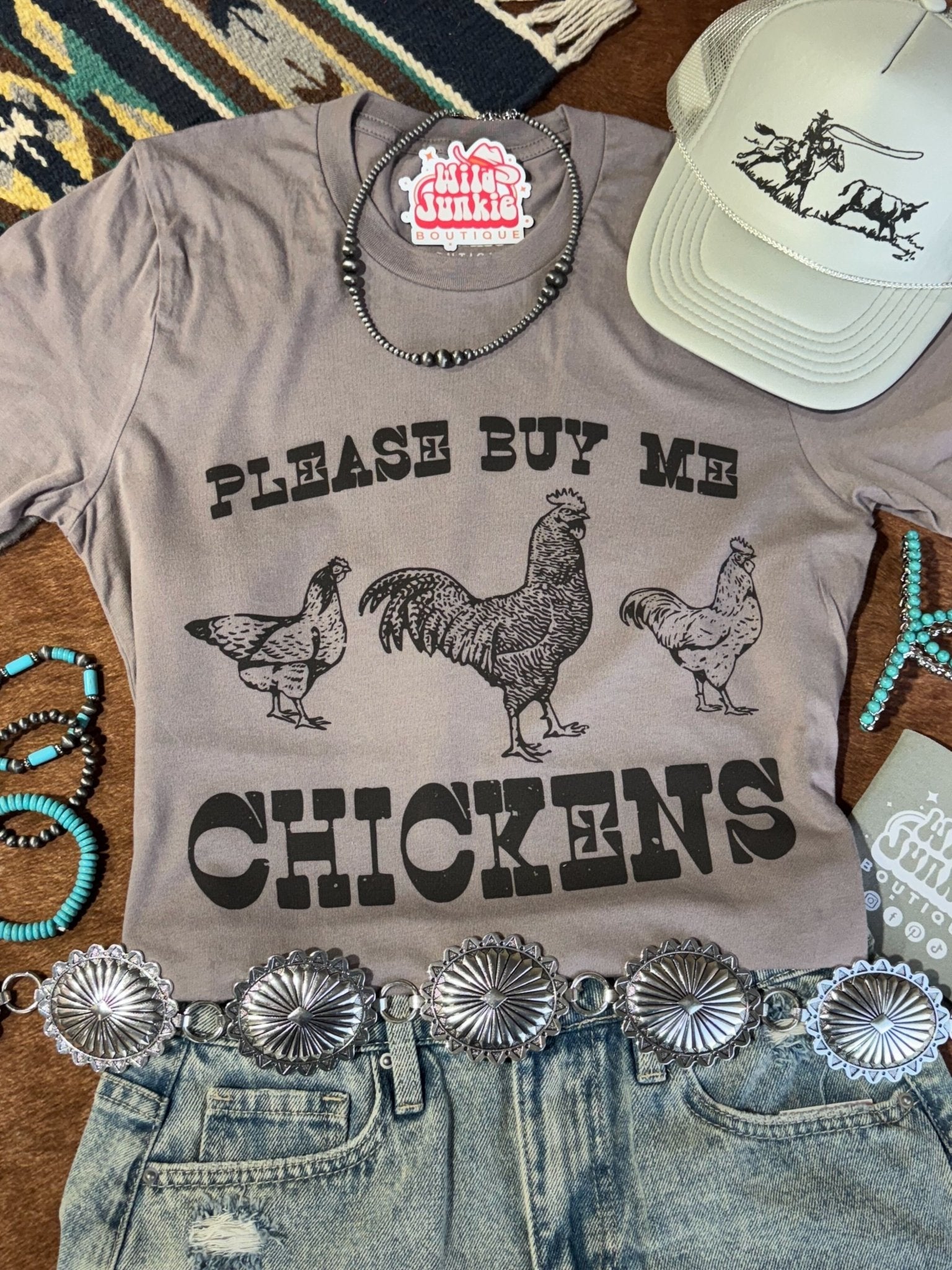 Wild Junkie Please Buy Me Chickens Graphic Tee — detail close-up