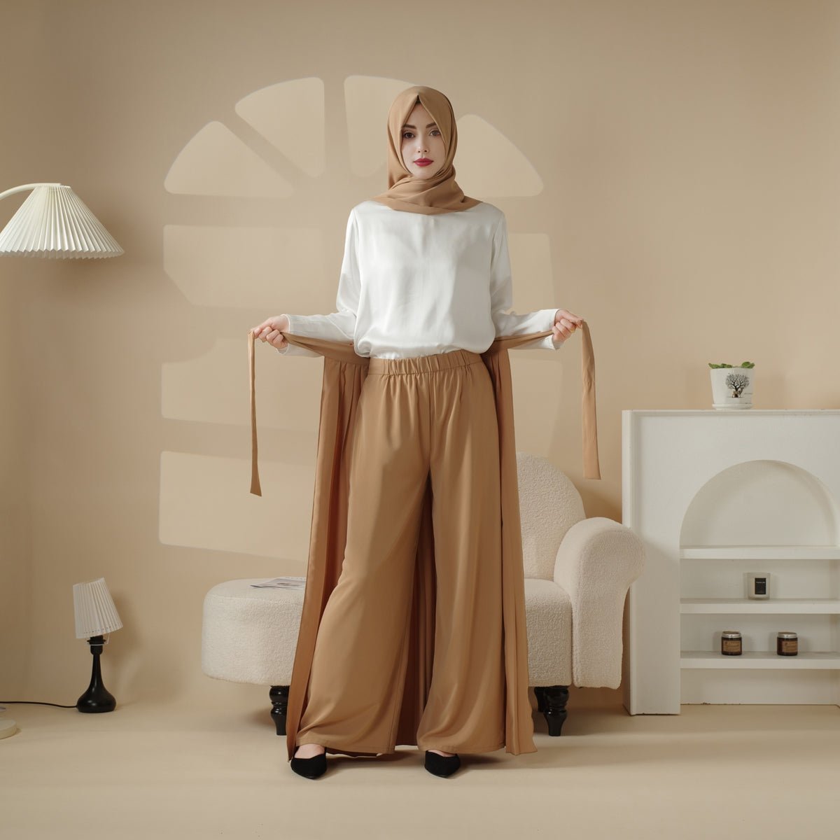 Mariam's Collection Pleated Overskirt, Wide-Cut Pants & Matching Hijab Set (MS025) — construction detail