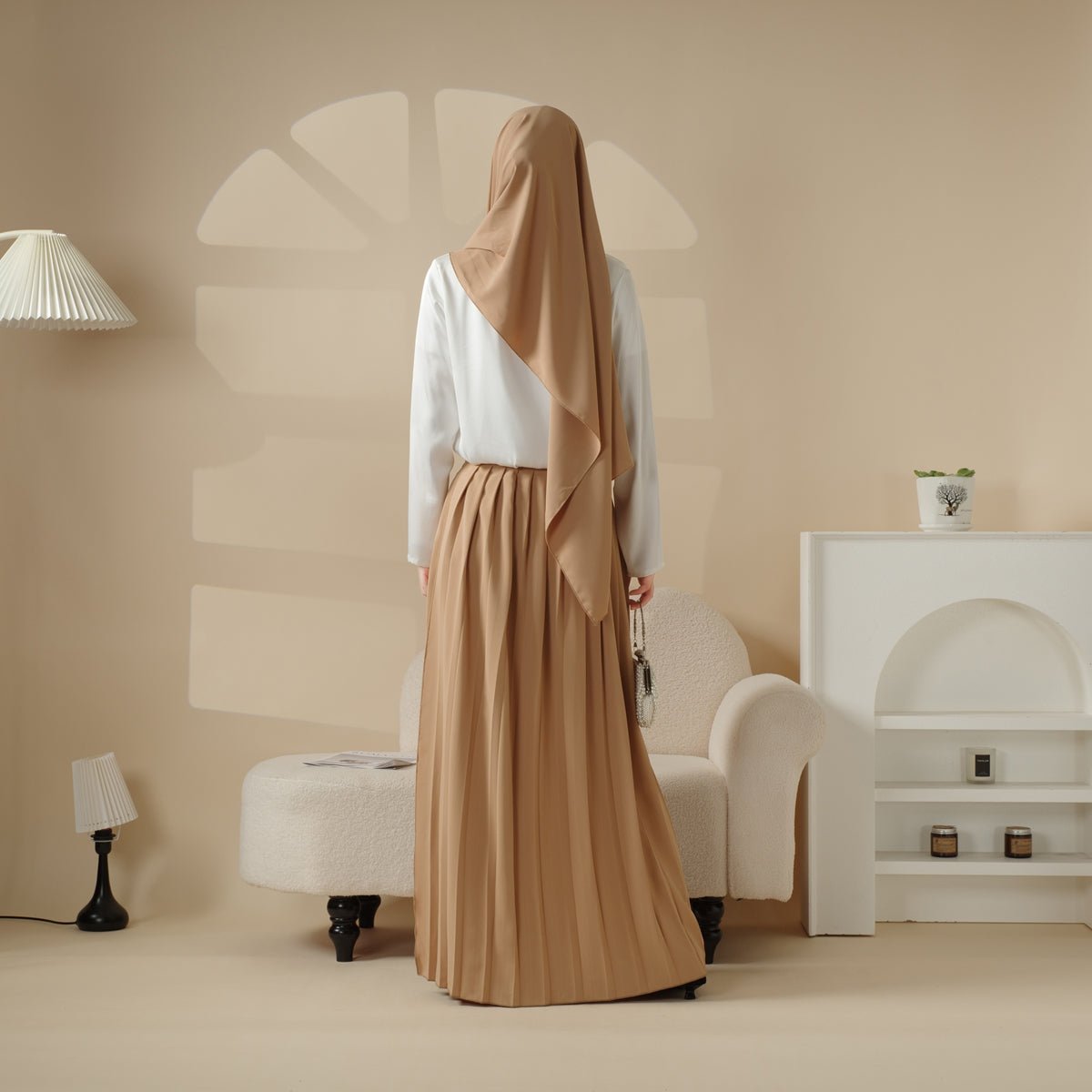 Mariam's Collection Pleated Overskirt, Wide-Cut Pants & Matching Hijab Set (MS025) — Mariam's Collection branding close-up