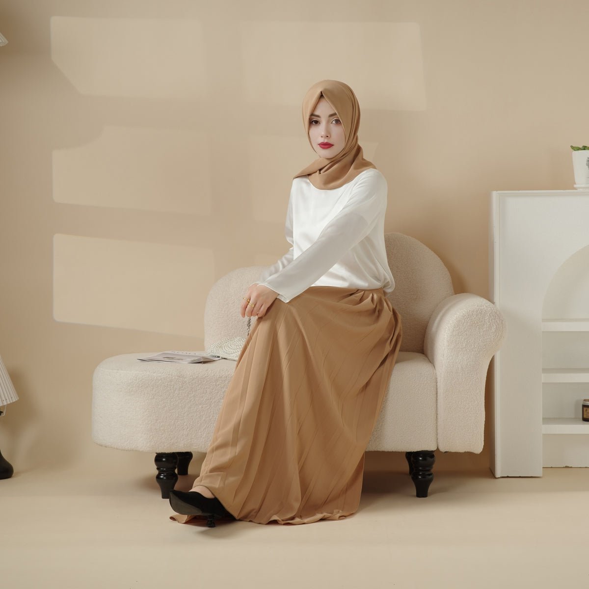 Mariam's Collection Pleated Overskirt, Wide-Cut Pants & Matching Hijab Set (MS025) — lifestyle worn / used context