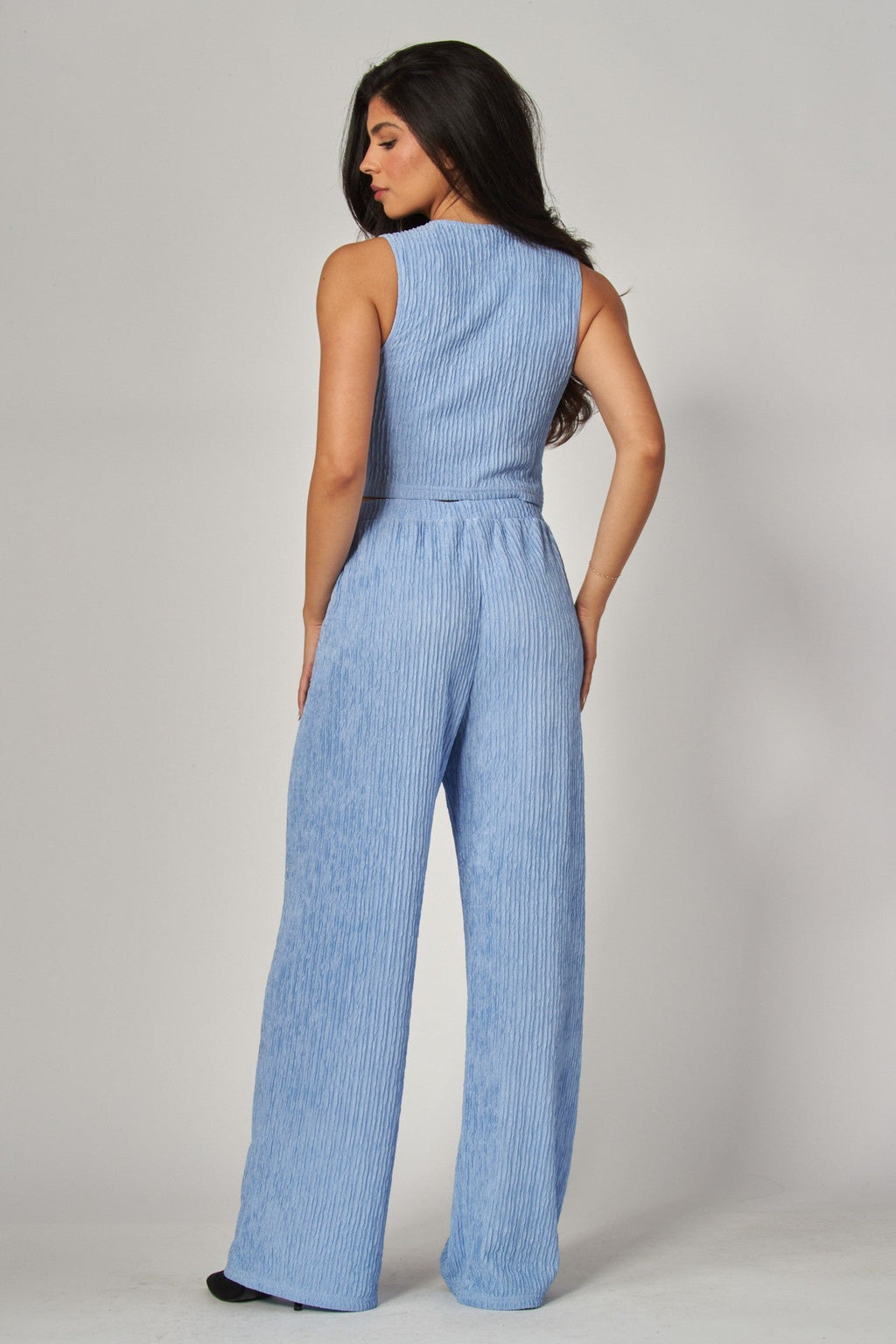 Plissé Waistcoat Top & Wide-Leg Pant Set – Chic Brunch, Work & Travel Outfit for Women