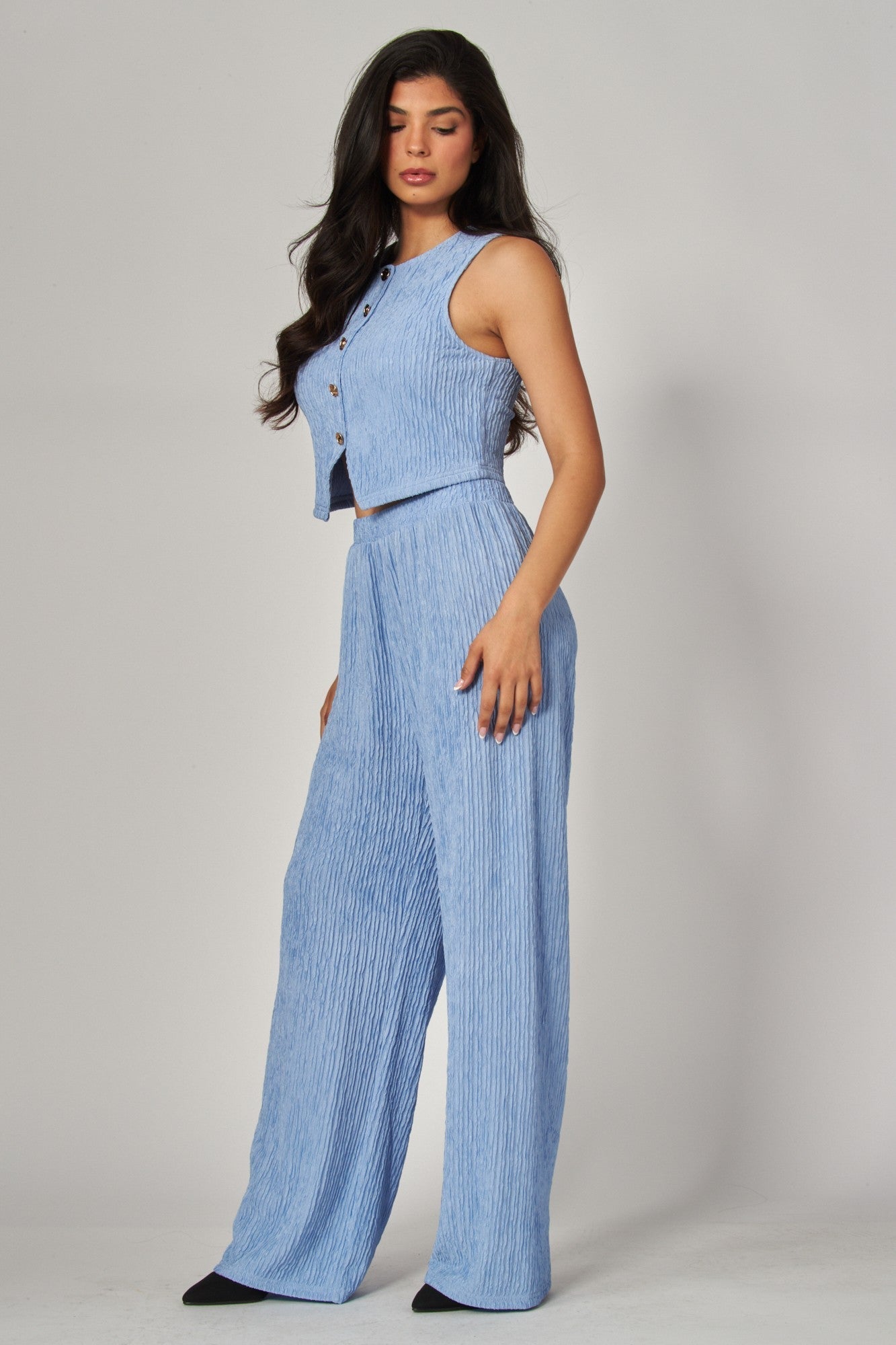 Plissé Waistcoat Top & Wide-Leg Pant Set – Chic Brunch, Work & Travel Outfit for Women