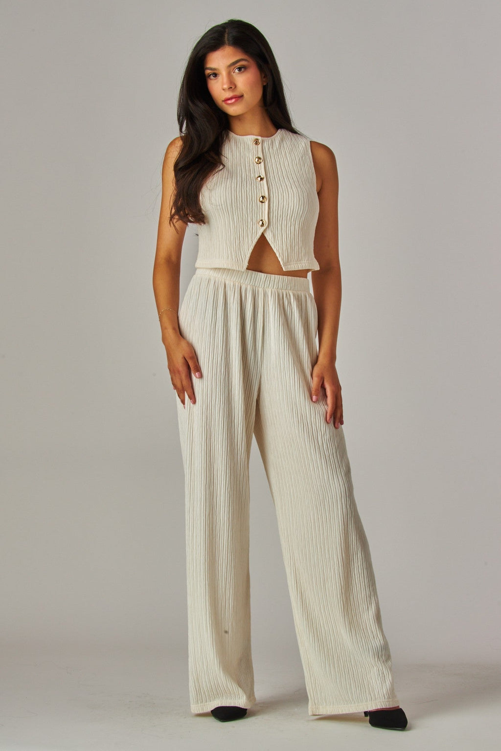 Plissé Waistcoat Top & Wide-Leg Pant Set – Chic Brunch, Work & Travel Outfit for Women