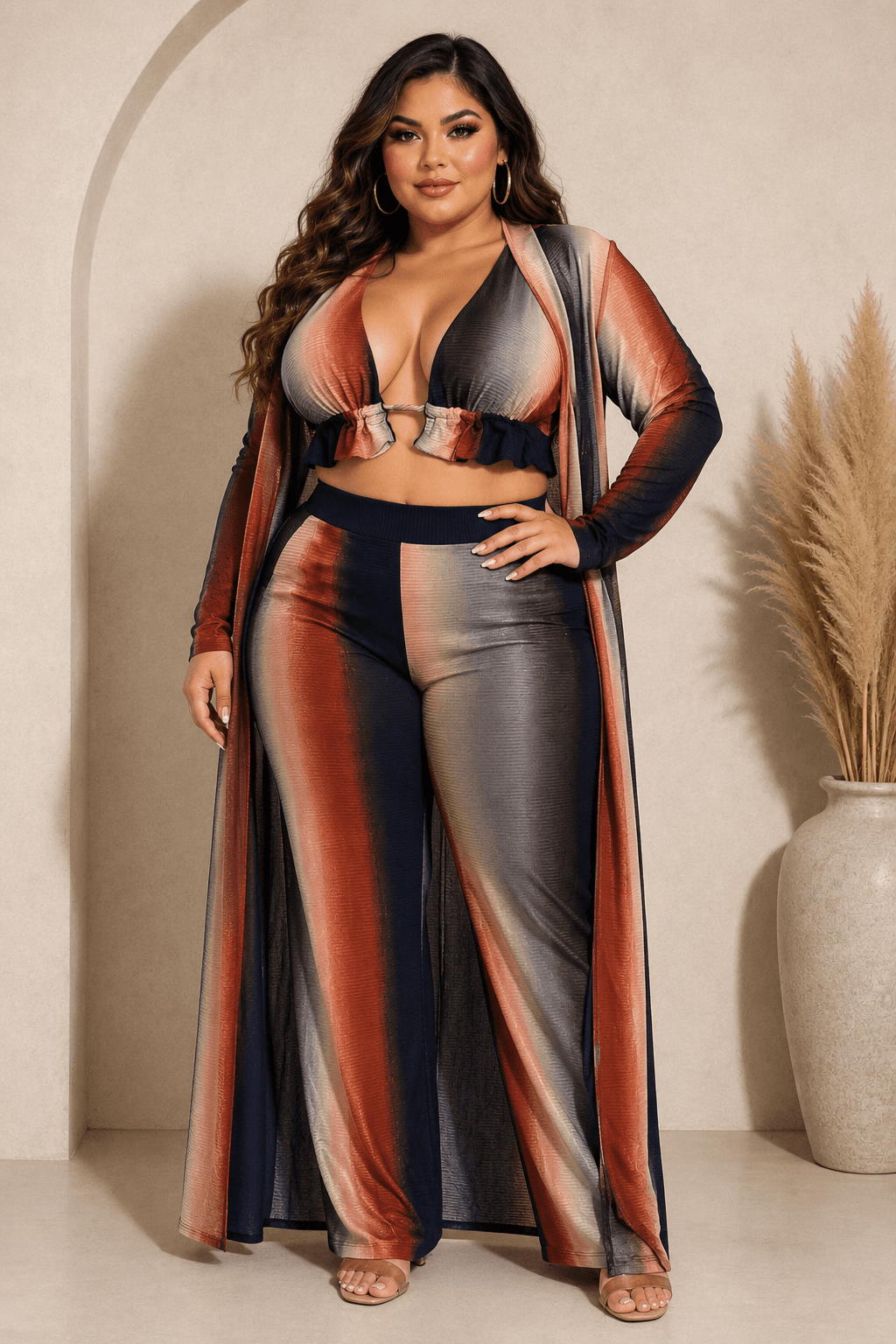 Plus Size Ombre 3-Piece Pant Set with Cardigan – Summer Vacation Outfit