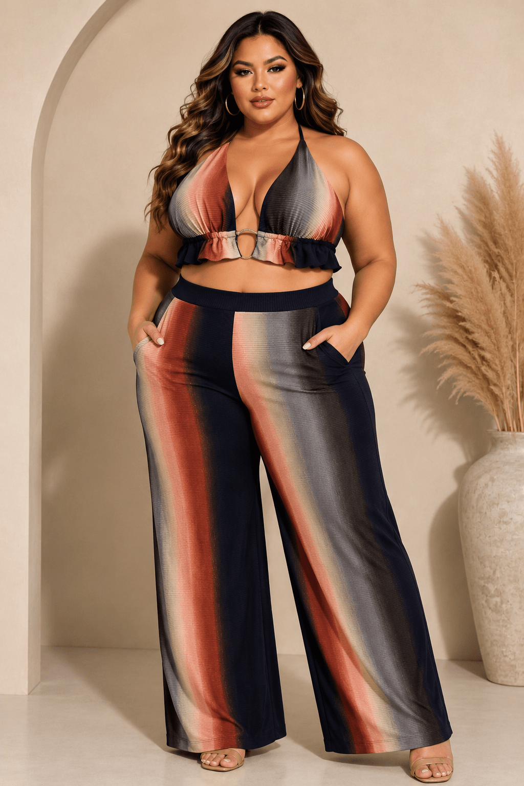 Plus Size Ombre 3-Piece Pant Set with Cardigan – Summer Vacation Outfit