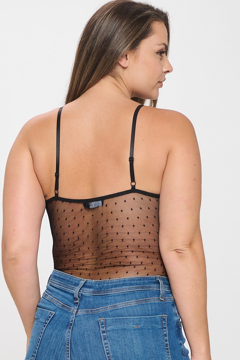 Plus Size Polka Dot Sheer Mesh Bodysuit | Lace Trim One-Piece