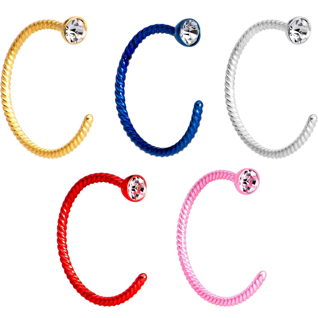 BodyCandy 20G 5/16 Clear Gem Multicolor Pack Set of 5 Twisted Nose Hoop Rings — main product shot