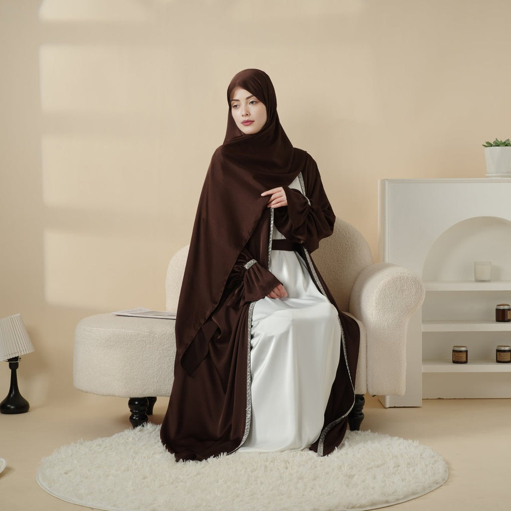 Mariam's Collection Poet Sleeve Satin Open Abaya With Matching Belt and Hijab (MOA009) — flat-lay composition