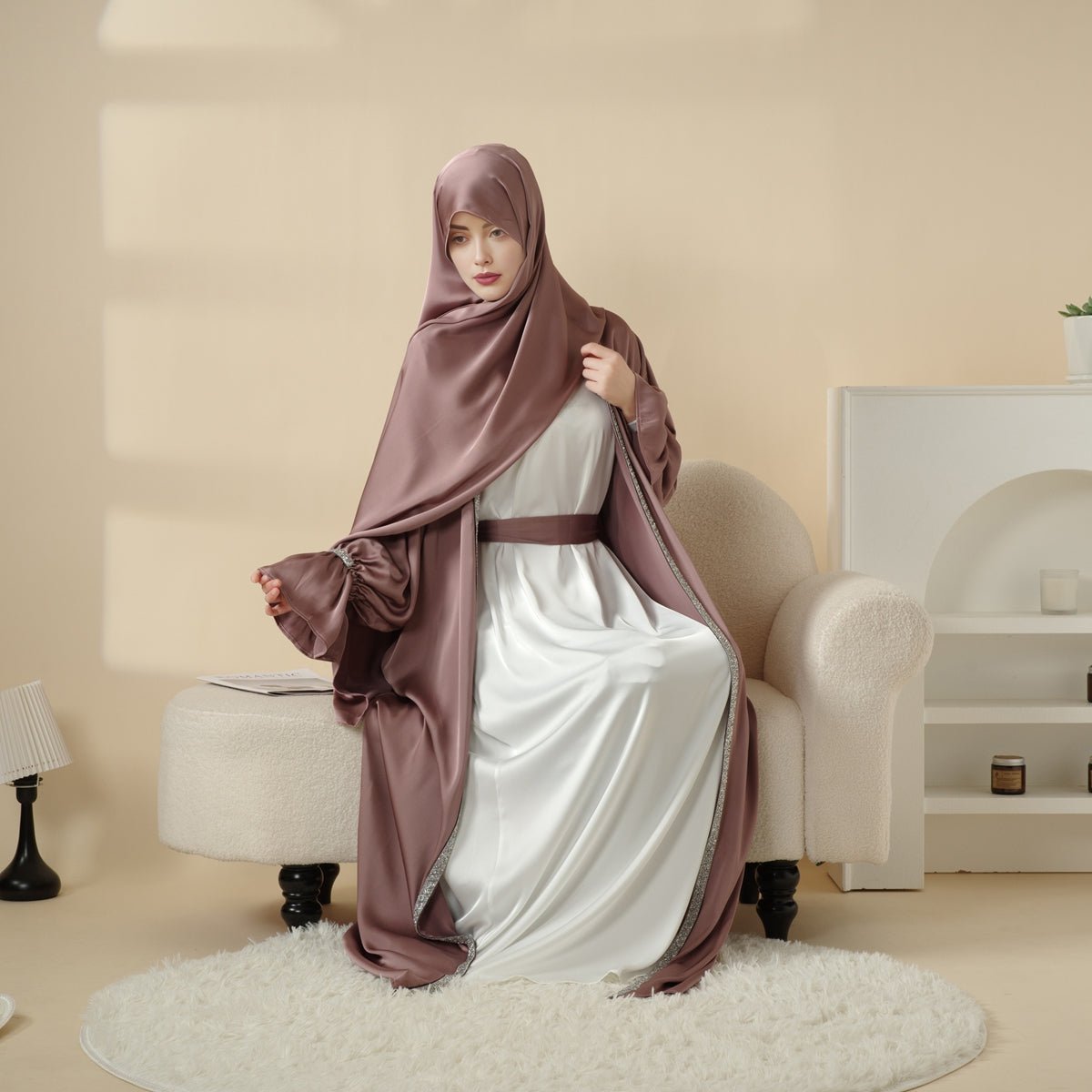 Mariam's Collection Poet Sleeve Satin Open Abaya With Matching Belt and Hijab (MOA009) — detail shot 8