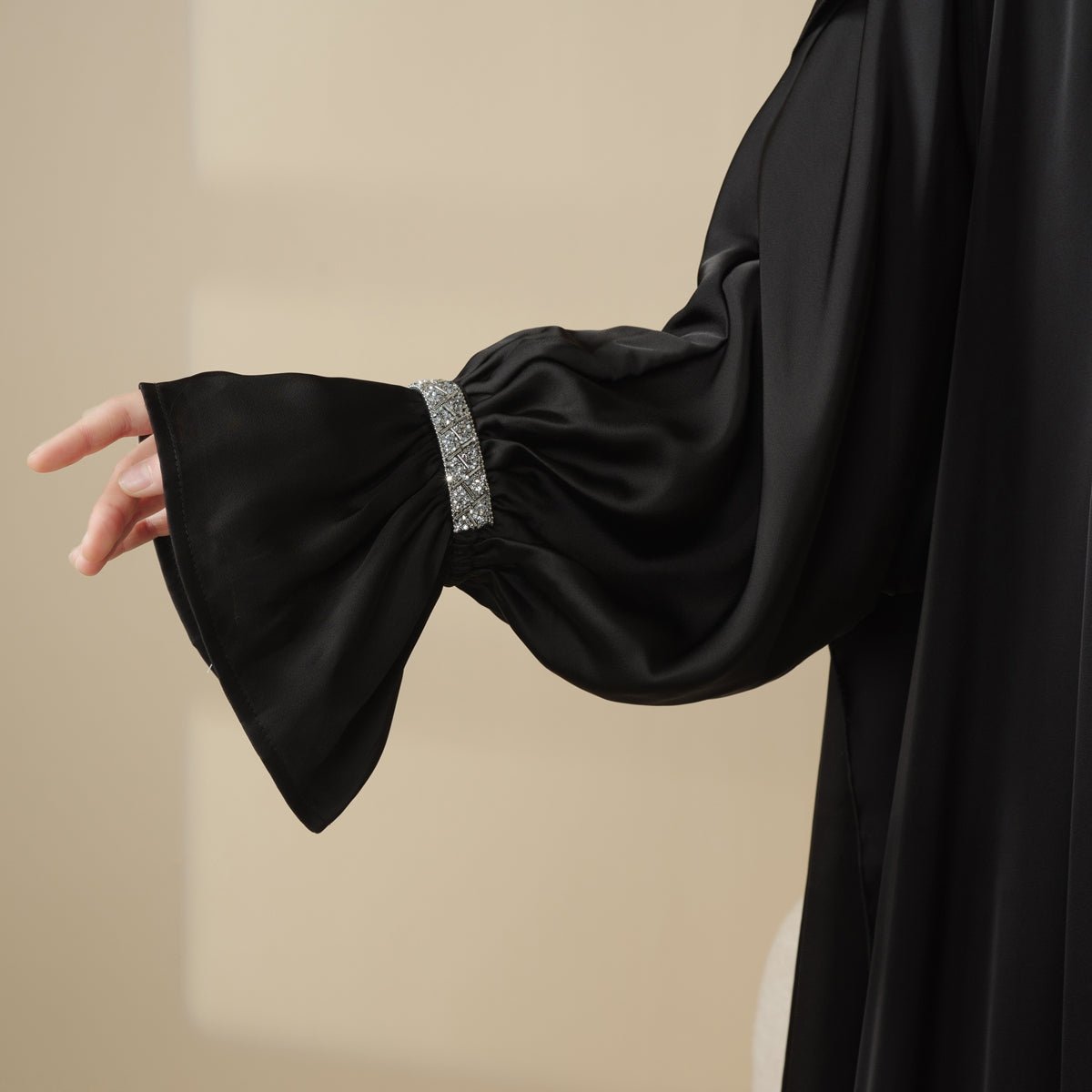 Mariam's Collection Poet Sleeve Satin Open Abaya With Matching Belt and Hijab (MOA009) — fabric or material detail