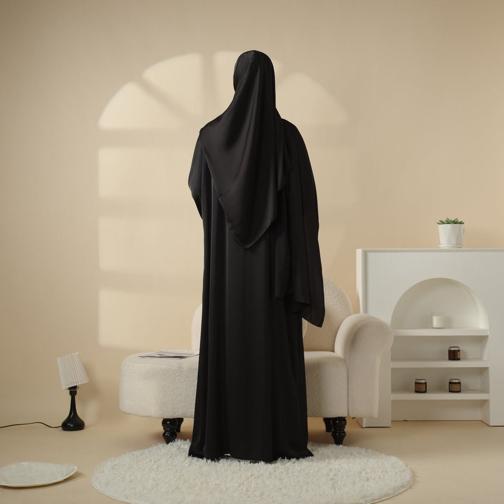 Mariam's Collection Poet Sleeve Satin Open Abaya With Matching Belt and Hijab (MOA009) — comparison shot