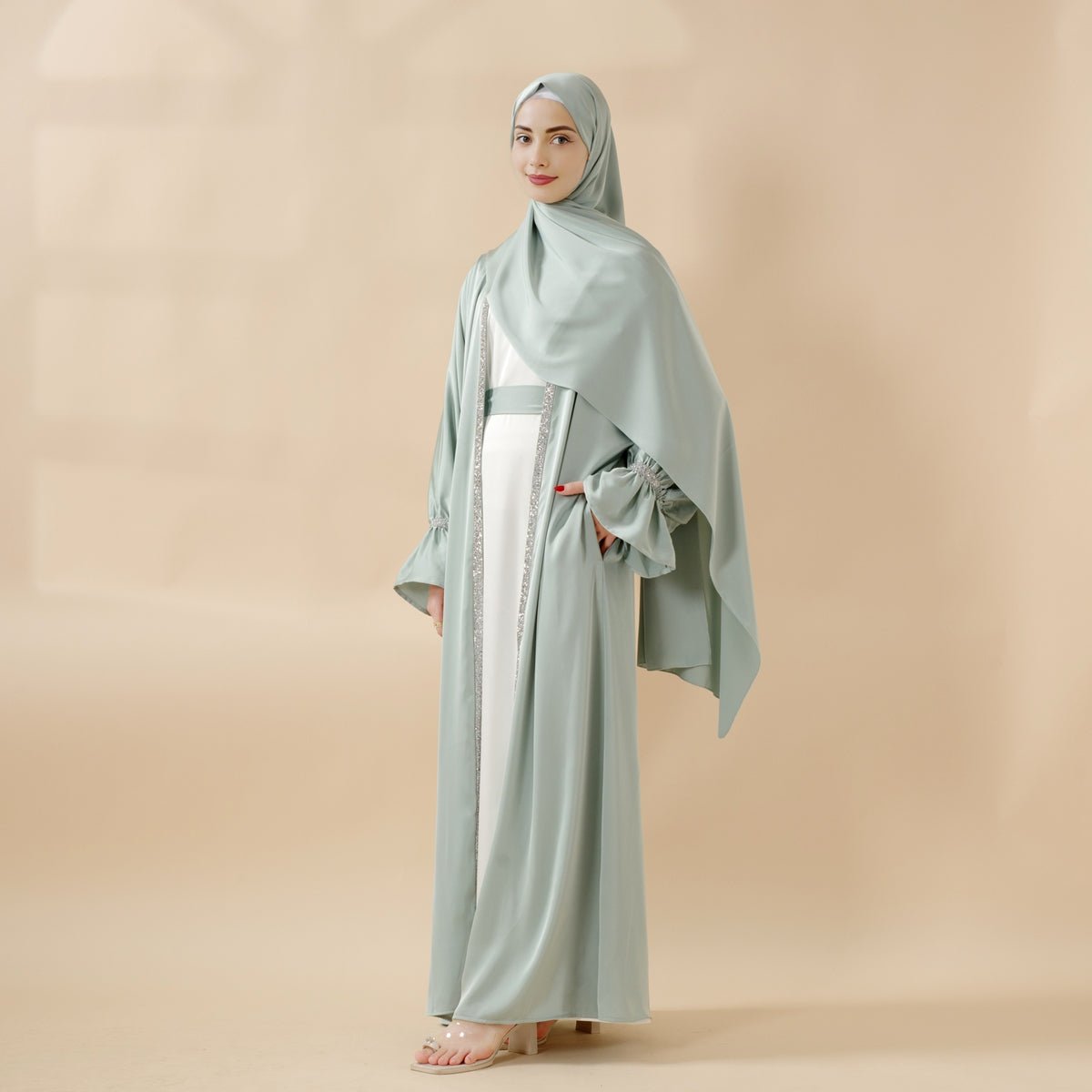 Mariam's Collection Poet Sleeve Satin Open Abaya With Matching Belt and Hijab (MOA009) — main product shot