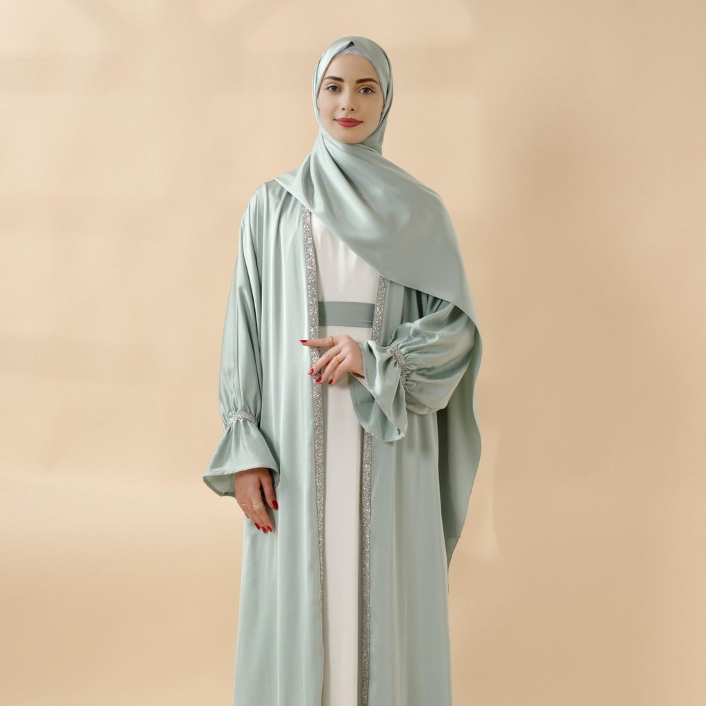 Mariam's Collection Poet Sleeve Satin Open Abaya With Matching Belt and Hijab (MOA009) — construction detail