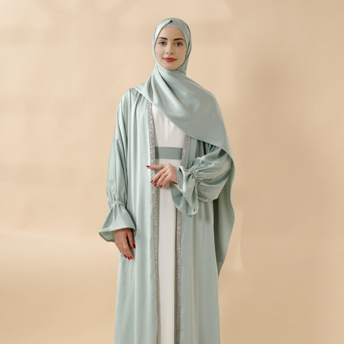Poet Sleeve Satin Open Abaya With Matching Belt and Hijab (MOA009)