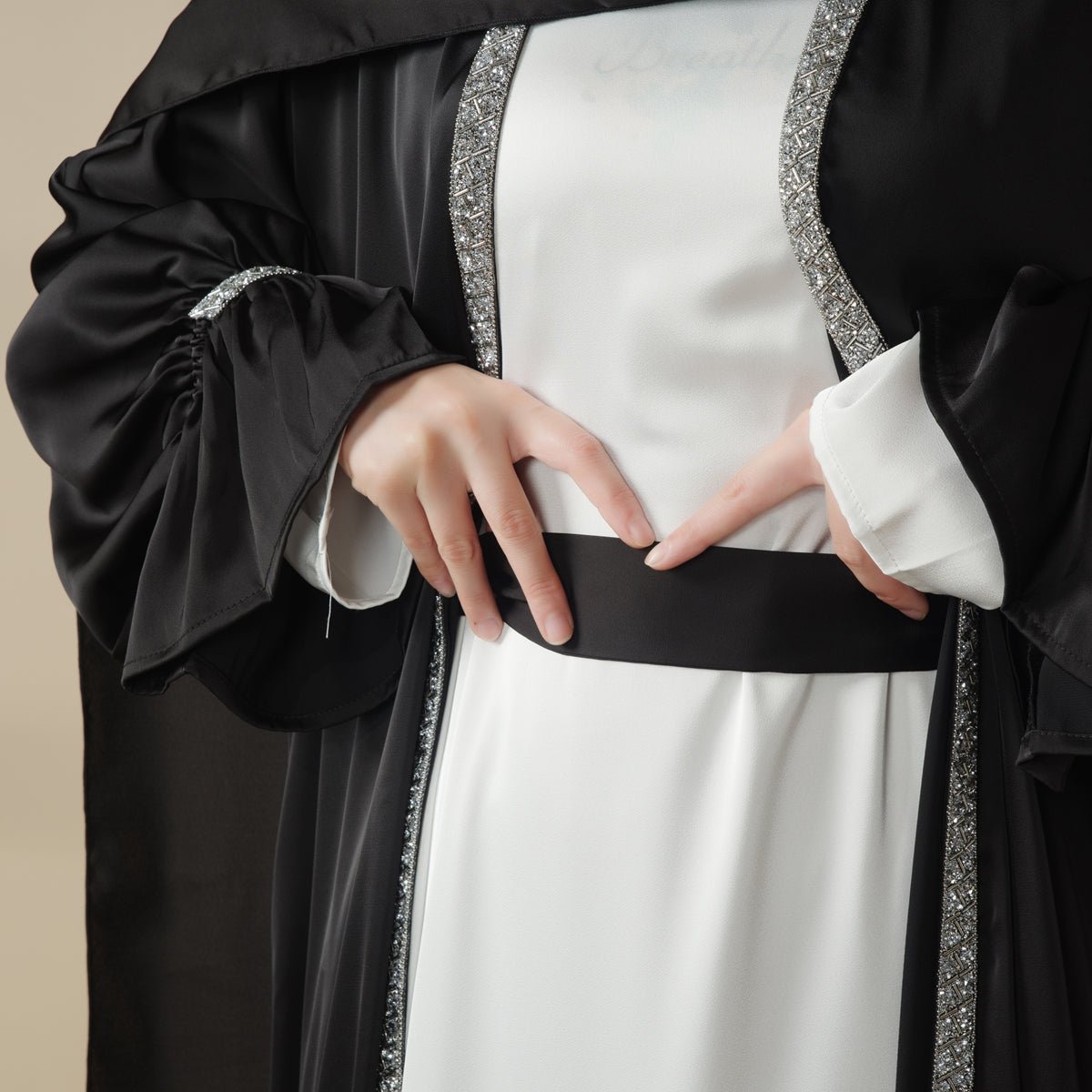 Mariam's Collection Poet Sleeve Satin Open Abaya With Matching Belt and Hijab (MOA009) — feature highlight