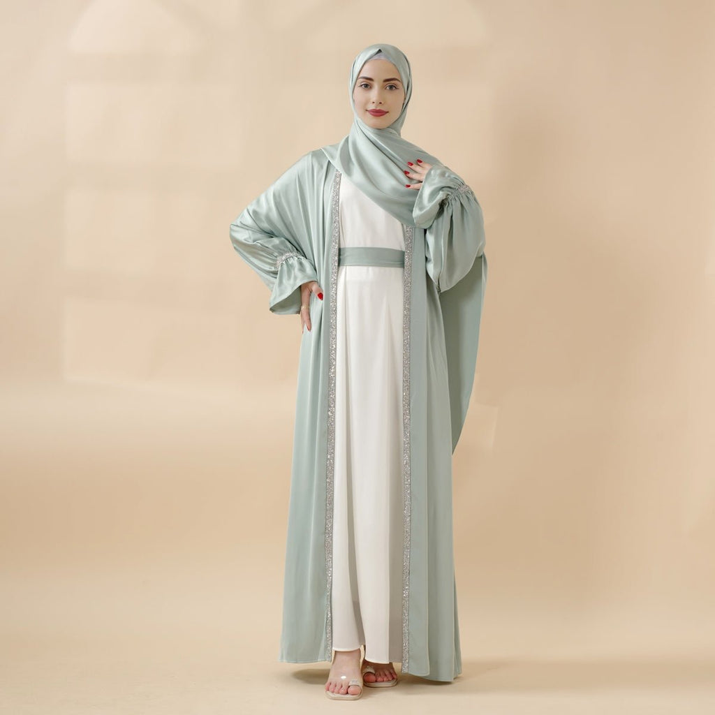 Mariam's Collection Poet Sleeve Satin Open Abaya With Matching Belt and Hijab (MOA009) — product category context