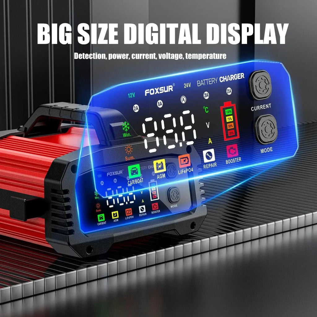Brand Name Portable Smart Car Battery Charger - 25A/15A for 12V-24V Batteries, Pulse Repair, AGM, GEL, LiFePo4