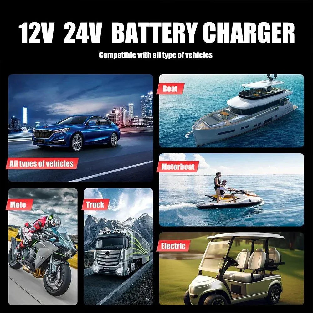 Brand Name Portable Smart Car Battery Charger - 25A/15A for 12V-24V Batteries, Pulse Repair, AGM, GEL, LiFePo4
