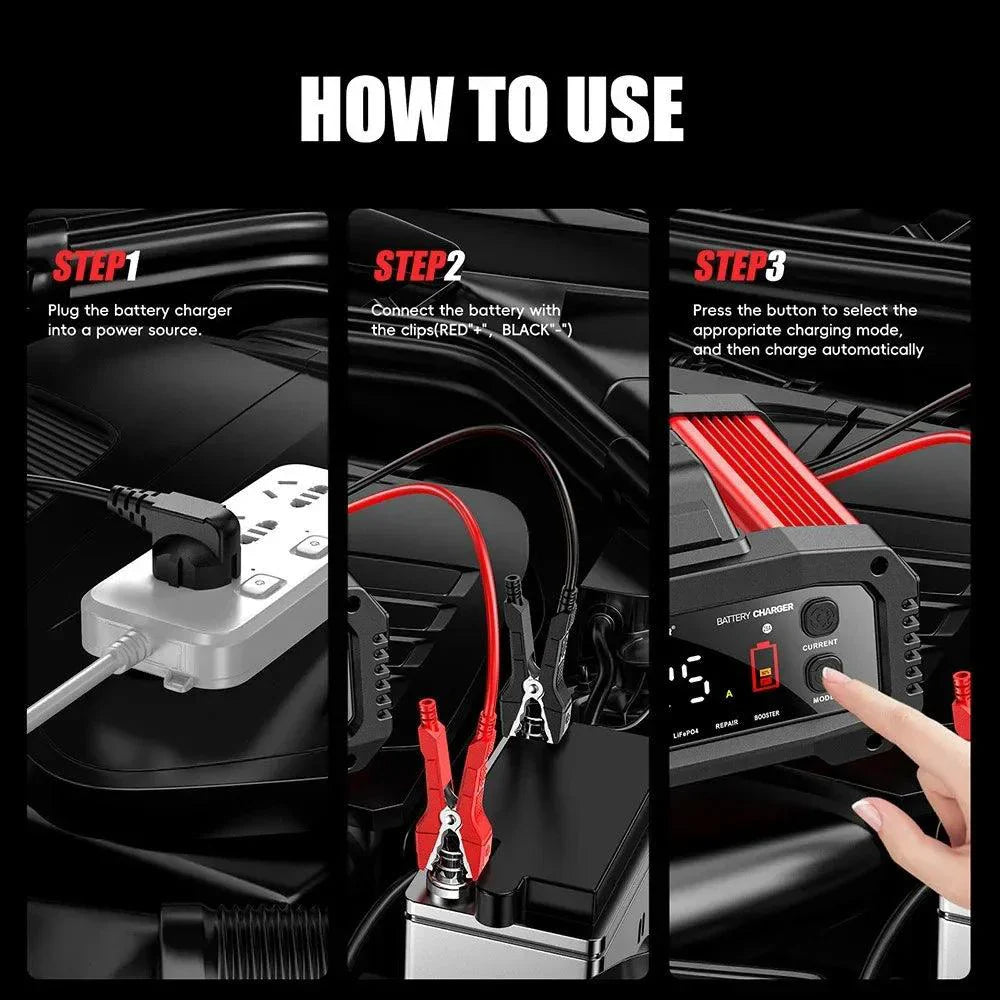 Brand Name Portable Smart Car Battery Charger - 25A/15A for 12V-24V Batteries, Pulse Repair, AGM, GEL, LiFePo4